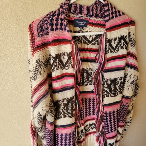 Wool Blend Boho Fringe Striped Cardigan Sweater, M - Picture 5 of 12